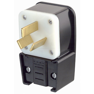 50 Amp, 125/250 Volt, NEMA 10-50P, 3P, 3W, Plug, Straight Blade, Industrial Grade, Non-Grounding, Angle - Black