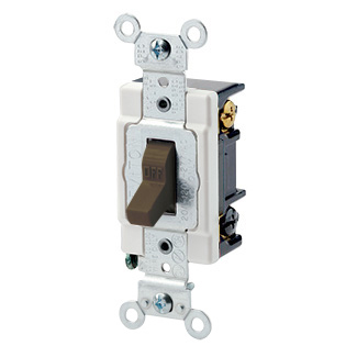 20 Amp, 120/277 Volt, Toggle 3-Way AC Quiet Switch, Heavy Duty Spec Grade, Grounding, Back & Side Wired - BROWN