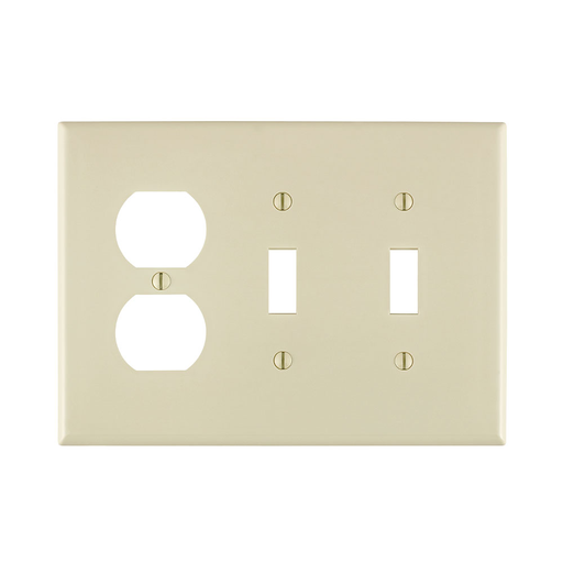 Wallplate; 3-Gang, Midway Size. Combination Device; 2 Toggle/1 Duplex outlet opening. High Impact thermoplastic. Device Mount. Lt Almond.