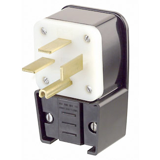 50 Amp, 250 Volt 3-Phase, NEMA 15-50P, 3P, 4W, Plug, Straight Blade, Industrial Grade, Grounding, Angle - Black