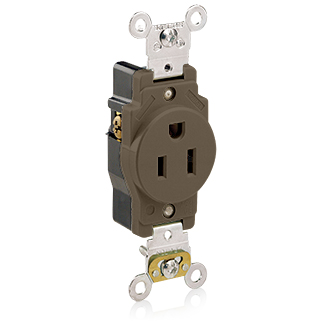Single Receptacle Outlet, Heavy-Duty Industrial Specification Grade, Smooth Face, 15 Amp, 125 Volt, Back or Side Wire, NEMA 5-15R, 2-Pole, 3-Wire, Self-Grounding - Brown