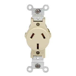 Single Receptacle Outlet, Commercial Specification Grade, Dual Voltage, Smooth Face, 20 Amp, 125/250 Volt, Side Wire, NEMA 10-20R, 3-Pole, 3-Wire, Non-Grounding - Ivory