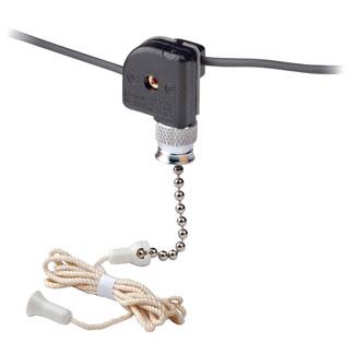 Pull chain switch, single pole on-off; 1A-125V T, 3A-125V, 1A-250V; With two 6 inch black leads 18 AWG AWM TEW 105C 600V, stripped 1/2 inch.