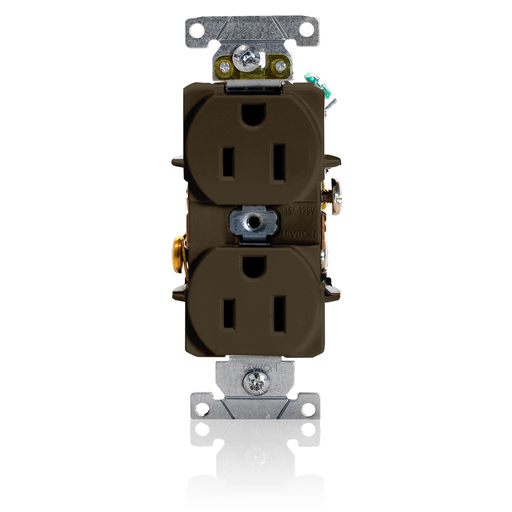 Duplex Receptacle Outlet, Heavy-Duty Industrial Specification Grade, Smooth Face, 15 Amp, 125 Volt, Back or Side Wire, NEMA 5-15R, 2-Pole, 3-Wire, Self-Grounding - Brown
