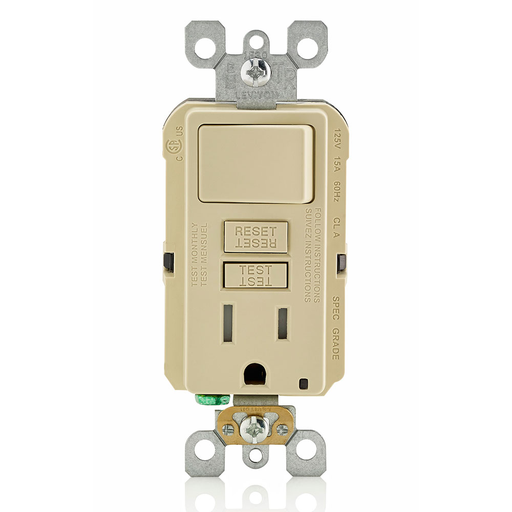 SmartlockPro Slim GFCI Combination Switch. Tamper-Resistant Receptacle with LED Indicator. 15 Amp, 125 Volt. Switch 1800 Watts, 120V AC. Monochromatic, Back and Side Wired, Wallplate/Faceplate Sold Separately, Self-Grounding Clip Included - Ivory