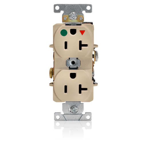 Isolated Ground Duplex Receptacle Outlet, Heavy-Duty Hospital Grade, Smooth Face, 20 Amp, 125 Volt, Back or Side Wire, NEMA 5-20R, 2-Pole, 3-Wire, Self-Grounding - Ivory