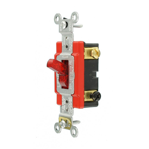 20 Amp, 120 Volt, Toggle Lighted Handle - Illuminated when in the ON position 3-Way AC Quiet Switch, Industrial Grade, Self Grounding, Back & Side Wired, - Red