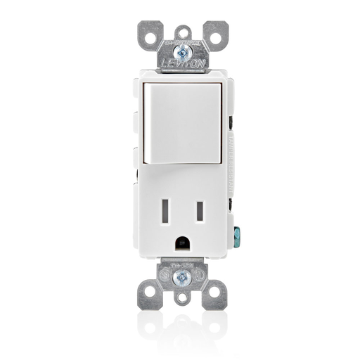 Tamper-Resistant rocker style combination decora switch and receptacle/outlet. 15a-120v ac single pole switch. 15a-12 premium spec grade,10 yr. cof white, nema 5-15r,