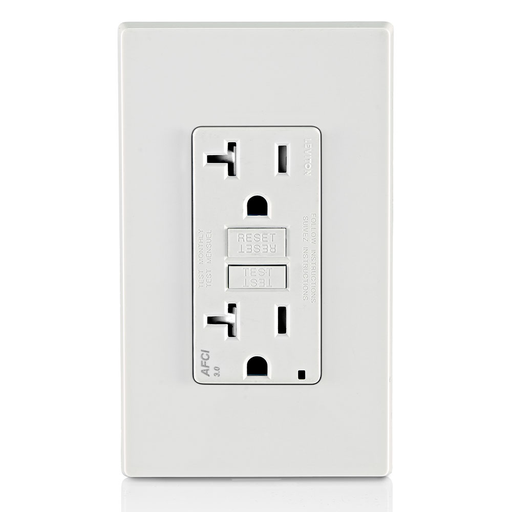20 Amp, 125 Volt Receptacle/Outlet, 20 Amp Feed-Through, Tamper-Resistant, AFCI Receptacle/Outlet, Monochromatic, back and side wired, nylon wallplate/faceplate, screws and self grounding clip included – White