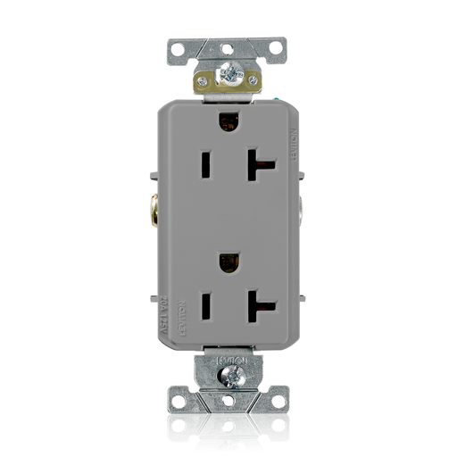 Decora Plus Duplex Receptacle Outlet, Heavy-Duty Industrial Specification Grade, Smooth Face, 20 Amp, 125 Volt, Side Wire, NEMA 5-20R, 2-Pole, 3-Wire, Self-Grounding - Gray
