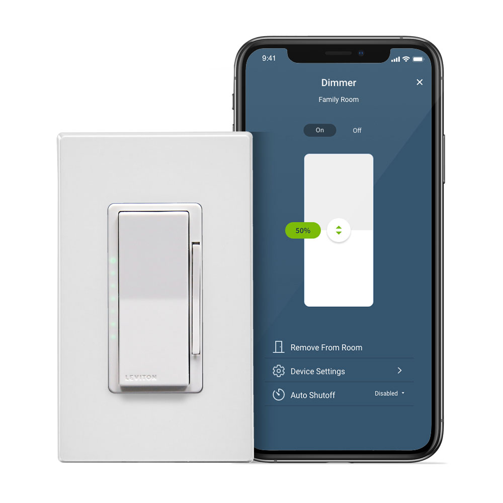 Product image for Leviton D26HD Decora Smart Dimmer Switch, Wi-Fi 2nd Gen, Neutral Wire Required, White