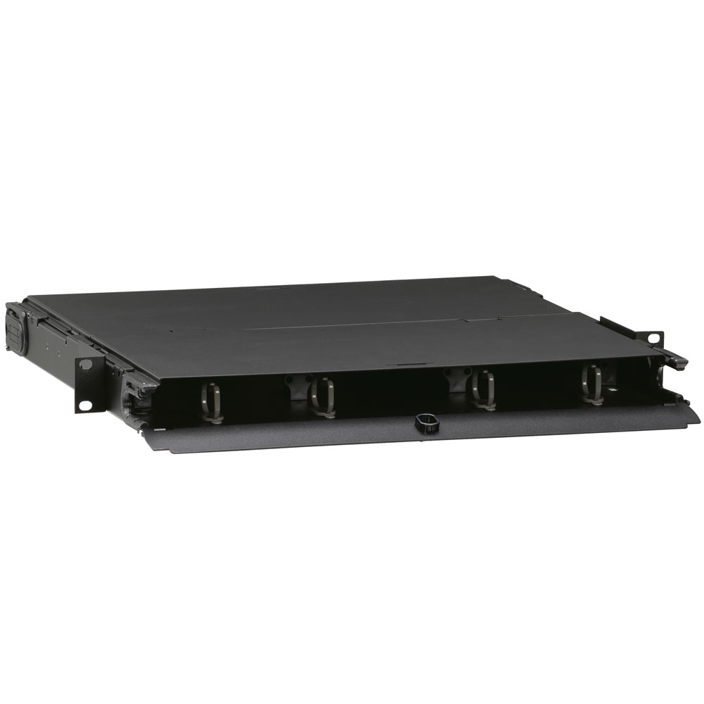Product image for Leviton 5R1UM-F03 19 x 15.72 x 1.72 Inch Black 16 Gauge Steel Rack Mount 1-Unit Empty Fiber Optic Enclosure