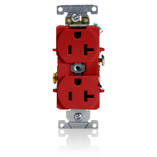 Duplex Receptacle Outlet, Heavy-Duty Industrial Specification Grade, Smooth Face, 20 Amp, 125 Volt, Back or Side Wire, NEMA 5-20R, 2-Pole, 3-Wire, Self-Grounding - Red