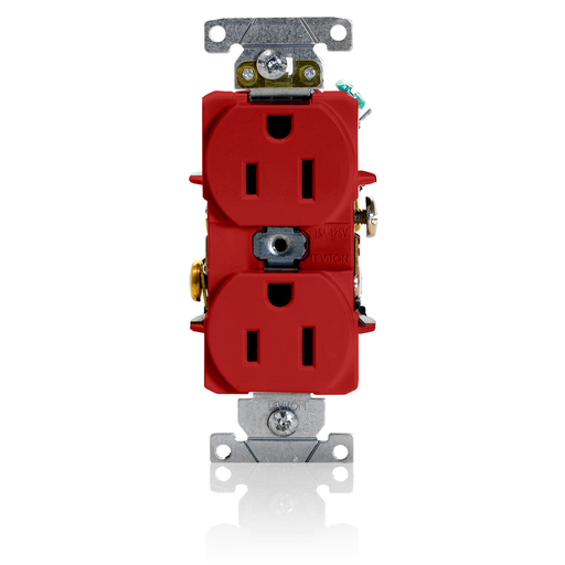 Duplex Receptacle Outlet, Heavy-Duty Industrial Specification Grade, Smooth Face, 15 Amp, 125 Volt, Back or Side Wire, NEMA 5-15R, 2-Pole, 3-Wire, Self-Grounding - Red