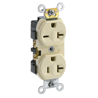 20 Amp Duplex Receptacle/Outlet, Commercial Grade, Dual Voltage, Self-Grounding