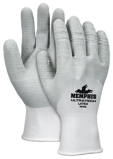 MCR Safety UltraTech® Work Gloves 13 Gauge White Nylon Shell Gray Textured Latex Palm, Fingers and Over Knuckle