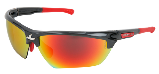 Dominatorâ„¢ DM3 Series Safety Glasses with Fire Mirror Lenses Gun Metal Frame Color with Red Temples Adjustable Wire Core Temples and Nose Piece