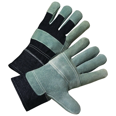 Leather Palm Denim Back Gloves, Large, Pearl Gray w/Stripes