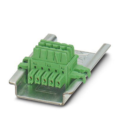 Phoenix Contact 2869728 6.2 mm 150 Volt 8 Amp 5-Position Green Din Rail Bus Connector Product image for Phoenix Contact 2869728 6.2 mm 150 Volt 8 Amp 5-Position Green Din Rail Bus Connector