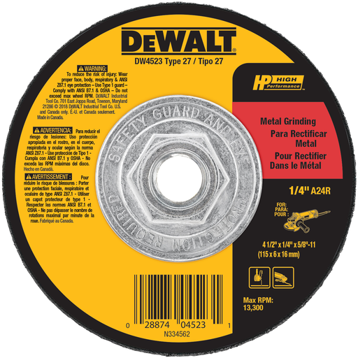 4-1/2" x 1/4" x 5/8"-11 High Performance Metal Grinding Wheel