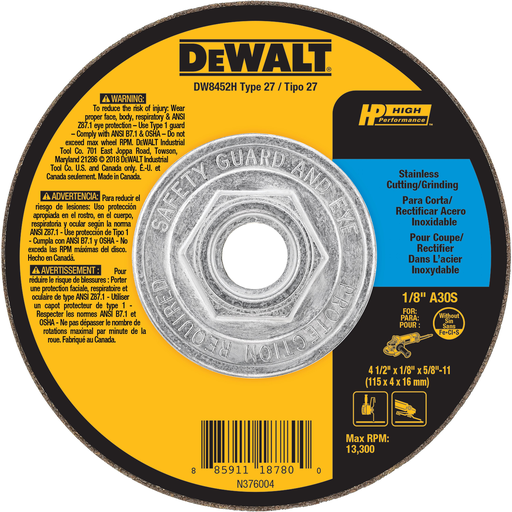 4-1/2" x 1/8" x 5/8"-11 T27 stainless wheel