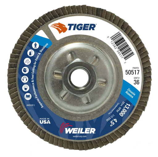 4-1/2" Tiger Disc Abrasive Flap Disc, Conical (TY29), Aluminum Backing, 36Z, 5/8"-11 UNC Nut