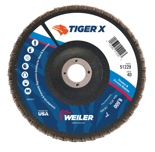 7" Tiger X Flap Disc, Flat (TY27), Phenolic Backing, 40Z, 7/8" Arbor Hole