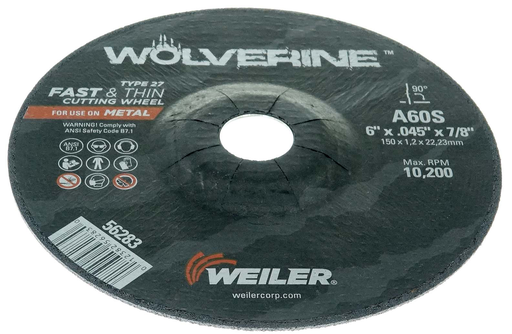 6" x .045" WOLVERINE Type 27 Cutting Wheel, A60S, 7/8" A.H.