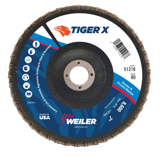 7" Tiger X Flap Disc, Angled (TY29), Phenolic Backing, 80Z, 7/8" Arbor Hole