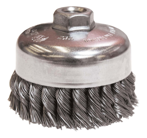 4" Single Row Knot Wire Cup Brush. .014" Steel Fill, 5/8"-11 UNC Nut