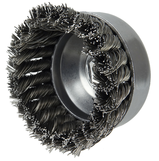 4" Single Row Knot Wire Cup Brush. .023" Steel Fill, 5/8"-11 UNC Nut