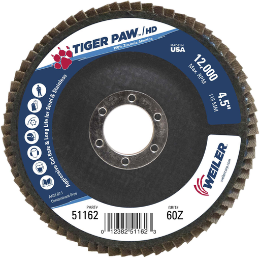 4-1/2" Tiger Paw Super High Density Flap Disc, Flat (TY27), Phenolic Backing, 60Z, 7/8" Arbor Hole