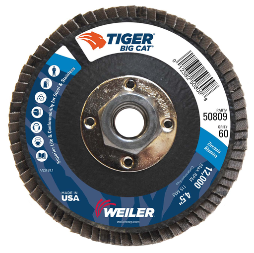 4-1/2" Big Cat Abrasive Flap Disc, Flat (TY27), Phenolic Backing, 60Z, 5/8"-11 UNC Nut