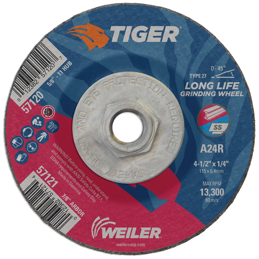 4-1/2" x 1/4" TIGER AO Type 27 Grinding Wheel, A24R, 5/8"-11 Nut