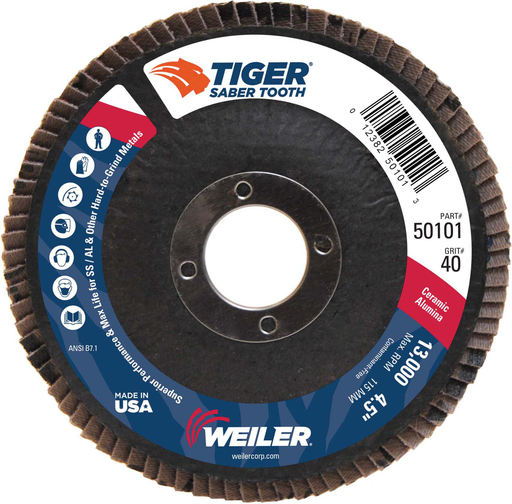 4-1/2" Tiger Ceramic Abrasive Flap Disc, Conical (TY29), Phenolic Backing, 40C, 7/8" Arbor Hole
