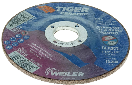 4-1/2 x 1/8 TIGER CERAMIC Type 27 Cut/Grind Combo Wheel CER30T 7/8 A.H.