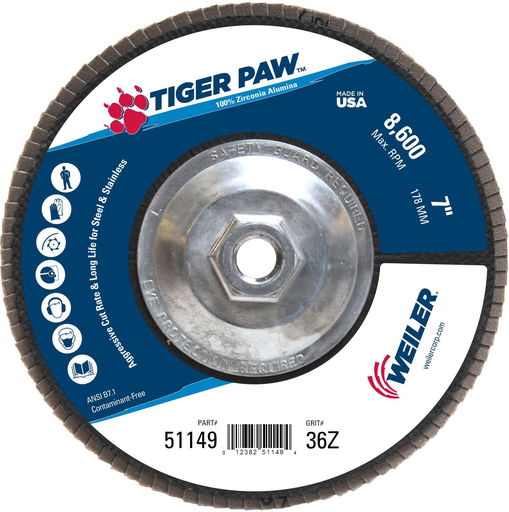 7" Tiger Paw Abrasive Flap Disc, Conical (TY29), Phenolic Backing, 36Z, 5/8"-11 UNC Nut