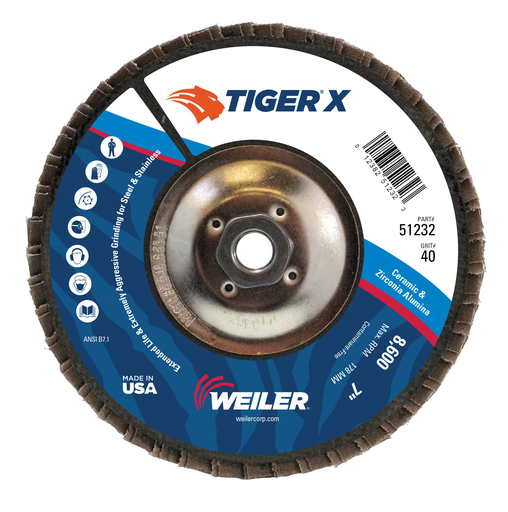 7" Tiger X Flap Disc, Flat (TY27), Phenolic Backing, 40Z, 5/8-11" Arbor Hole