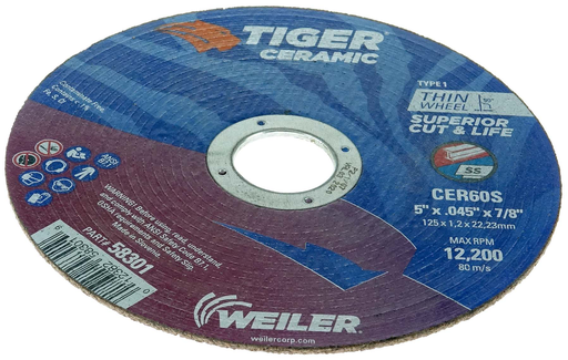 5" x .045" TIGER CERAMIC Type 1 Cut-Off Wheel CER60S 7/8 A.H.