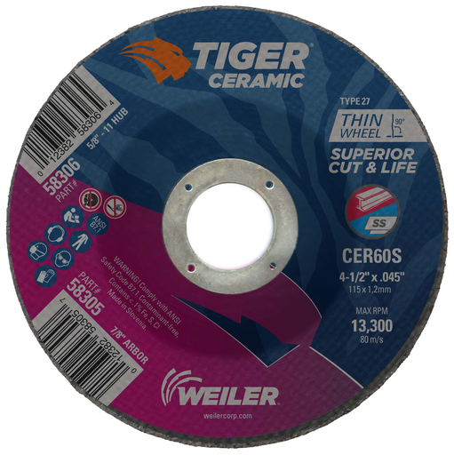 4-1/2" x .045" TIGER CERAMIC Type 27 Cutting Wheel CER60S 7/8 A.H.