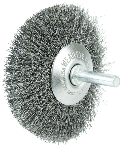 3" Stem-Mounted Concave Crimped Wire Wheel, .006" Stainless Steel Fill, 1/4" Stem