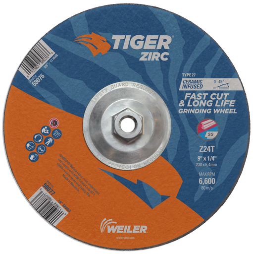 9" x 1/4" TIGER ZIRC Type 27 Grinding Wheel, Z24T, 5/8"-11 Nut