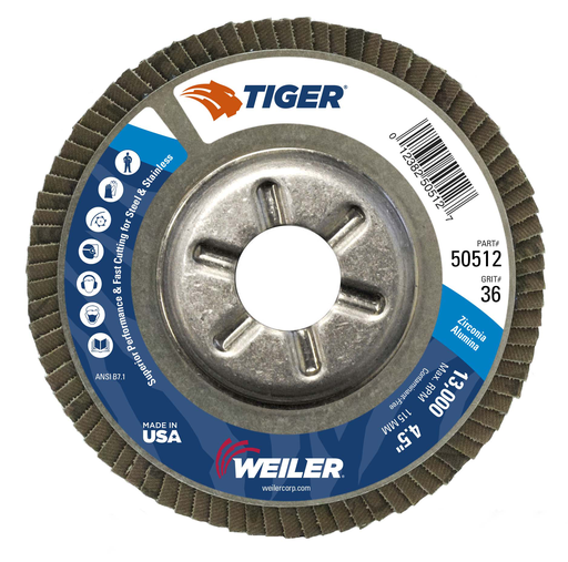 4-1/2" Tiger Disc Abrasive Flap Disc, Conical (TY29), Aluminum Backing, 36Z, 7/8" Arbor Hole