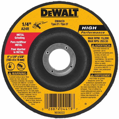 DeWalt DW4523 4-1/2" x 1/4" x 5/8"-11 High Performance Metal Grinding Wheel Product image for DeWalt DW4523 4-1/2" x 1/4" x 5/8"-11 High Performance Metal Grinding Wheel