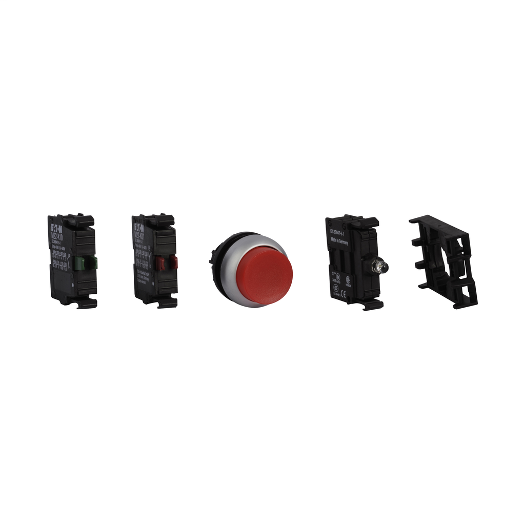 Product image for Cutler-Hammer M22-DLH-R-K11-230R-P M22 modular pushbutton, Complete Device, 22.5 mm, Extended, Momentary, Illuminated, Bezel: Silver, Button: Red, 1NO-1NC, IP67, IP69K, NEMA 4X, 13, 85-264V
