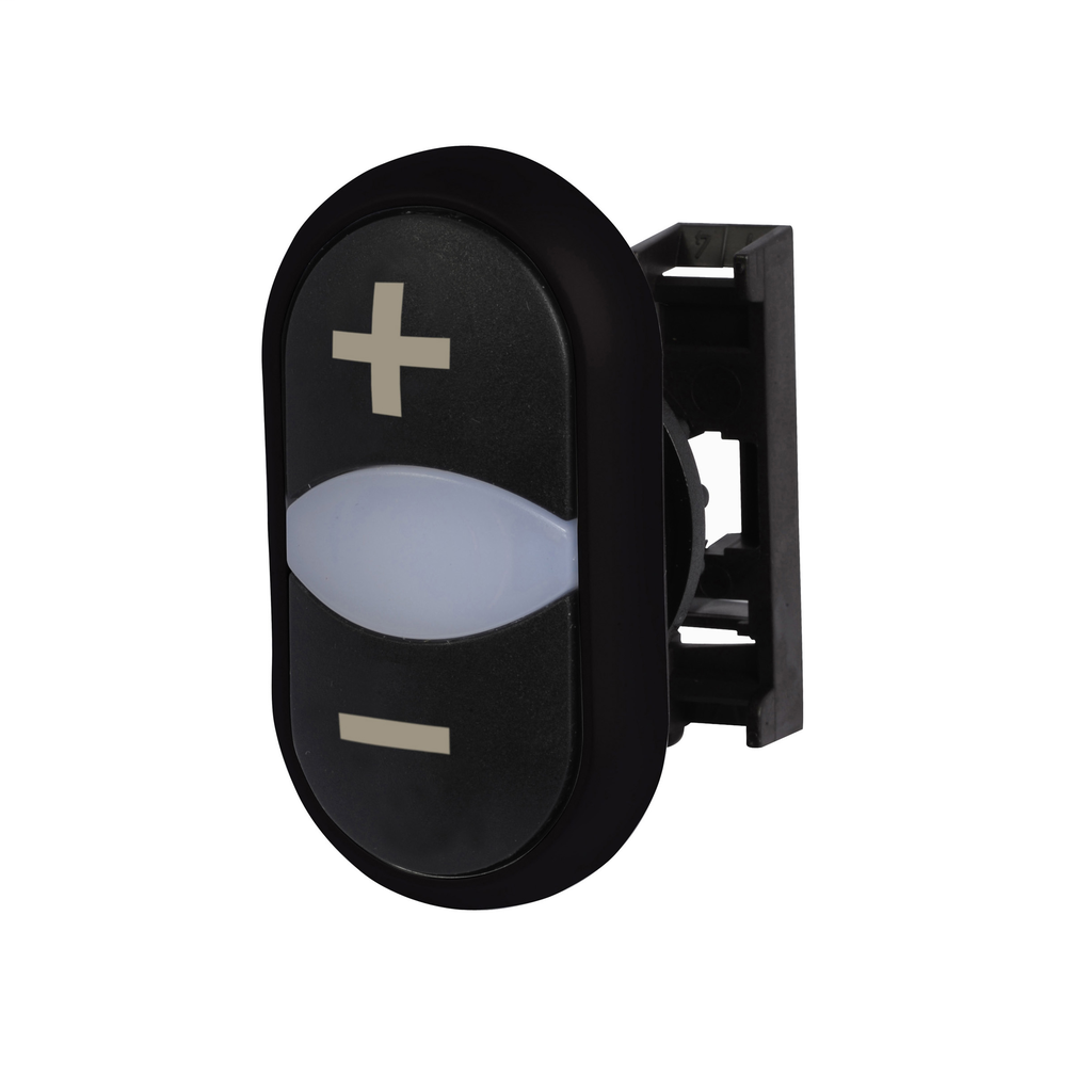 Product image for Cutler-Hammer M22S-DDL-S-X4-X5 M22 Modular Double Pushbutton Operator Only 22.5 mm, Extended, Momentary, Illuminated, Bezel: Black, Button: Top Black, Bottom Black, Inscription: Top +, Bottom -/ X4, X5,