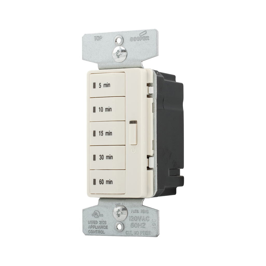 Product image for Eaton PT18M-LA 5-Button Minute Timer w/ OFF, Single-Pole, 15A 120V 1800W, Light Almond