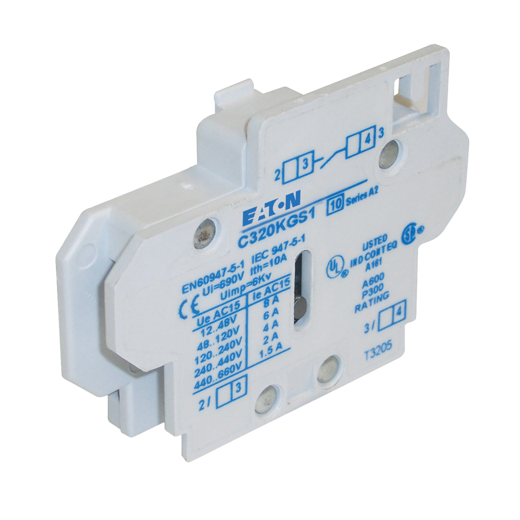 Product image for Eaton Electrical C320KGS1 600 VAC 10 Amp 250 VDC 0.55 Amp 1NO Snap-On Terminal Contactor Auxiliary Contact