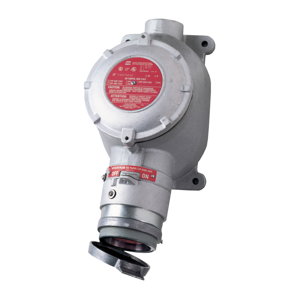 Crouse-Hinds Series FSQC2320 30 Amp 120/240/480/600 VAC 3-Pole 2-Wire Spring Door Interlocked Receptacle with Switch Crouse-Hinds Series FSQC2320 30 Amp 120/240/480/600 VAC 3-Pole 2-Wire Spring Door Interlocked Receptacle with Switch