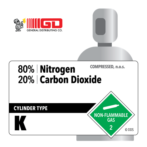 80% Nitrogen, 20% Carbon Dioxide, K, Industrial (I), 208 ft3, High Pressure Steel (HPS), CGA 580